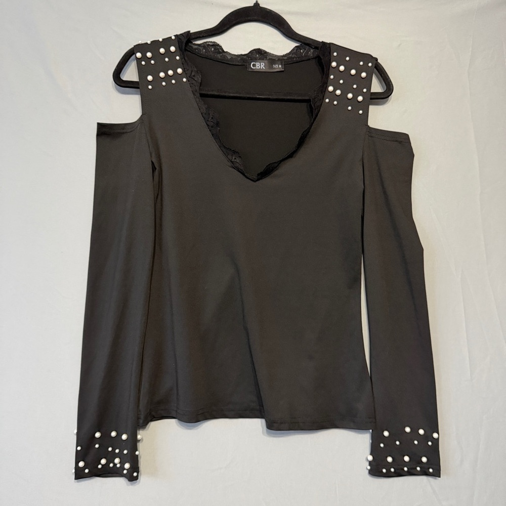 CBR Womens Fairy Grunge Cold Shoulder Pearl Top Size M Black Lace Trim Goth